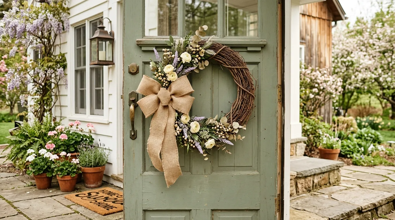 Rustic spring wreath with burlap bow